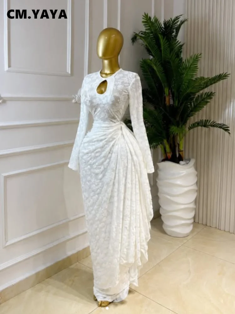 Robe longue moulante CM.YAYA pour femme, col rond, à rubans et fronces, manches longues, collection été 2026, sexy, pour fête d’anniversaire, vacances, robes tendance