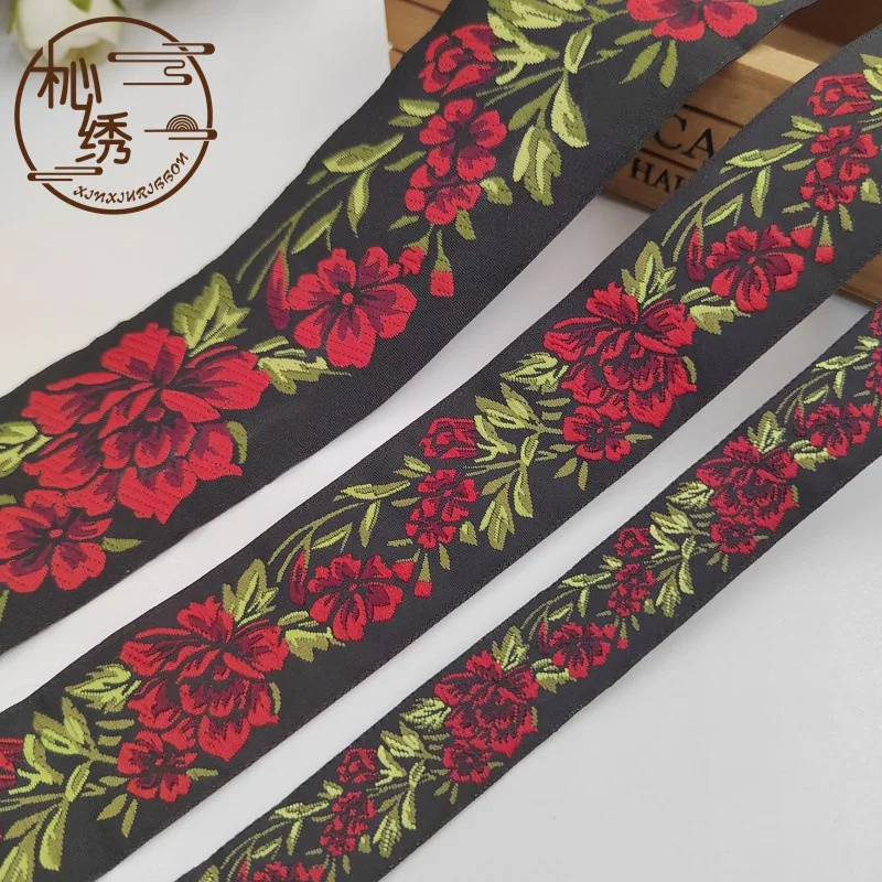 Golden Rose Flower Embroidered Jacquard Ribbon Trim, 10 Yards