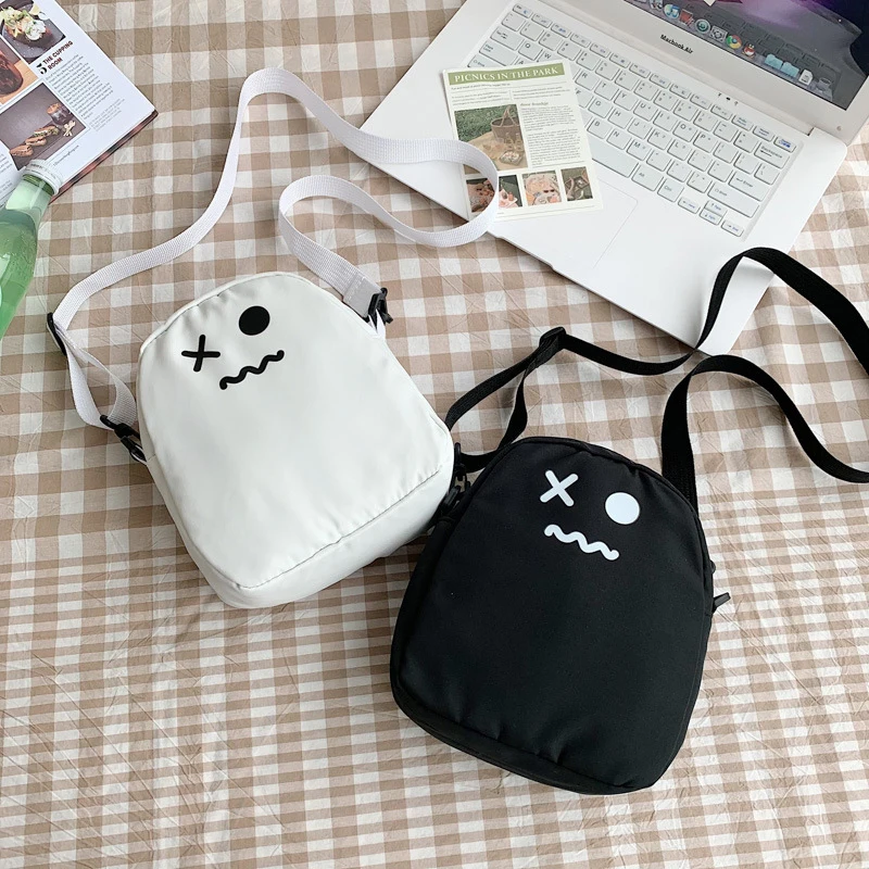 

Black White Cute Ghost Kawaii Women Canvas Bag Cartoon Shopper Bag Women Shoulder Bag Square Sling Handbag Unisex Crossbody Bag