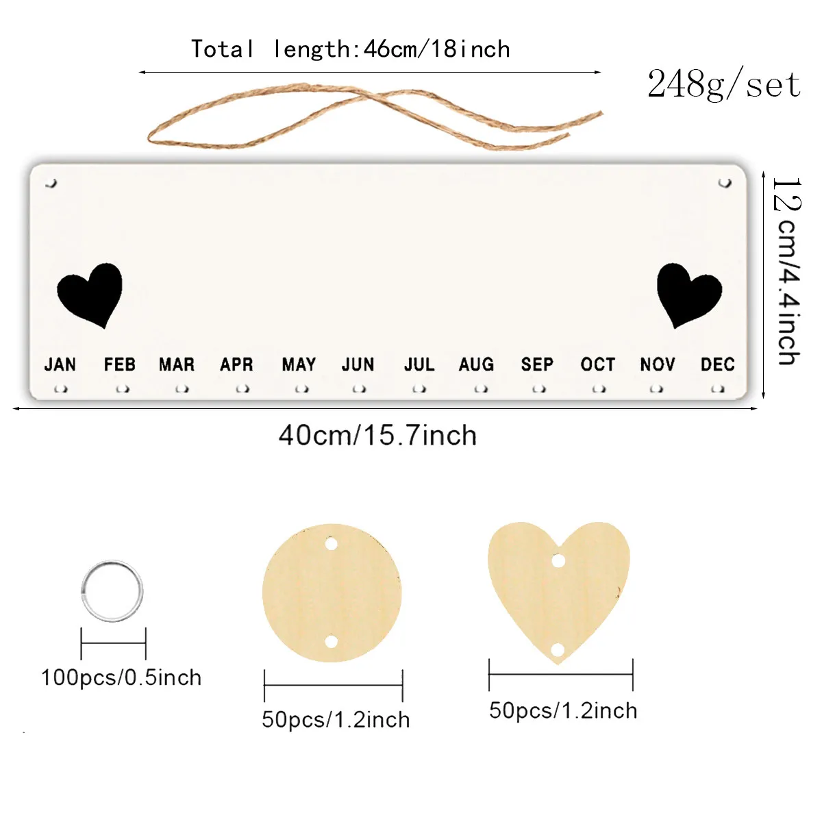 집 사무실용 걸이식 나무 달력, 클립과 로프가 있는 생일 추적 보드, 사랑스러운 둥근 하트 모양 디자인, 베이지 블랙