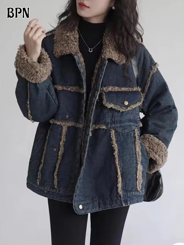 

BPN Hit Color Vintage LambWool Denim Jackets For Women Lapel Long Sleeve Patchwork Single Breasted Autumn Loose Coats Female New