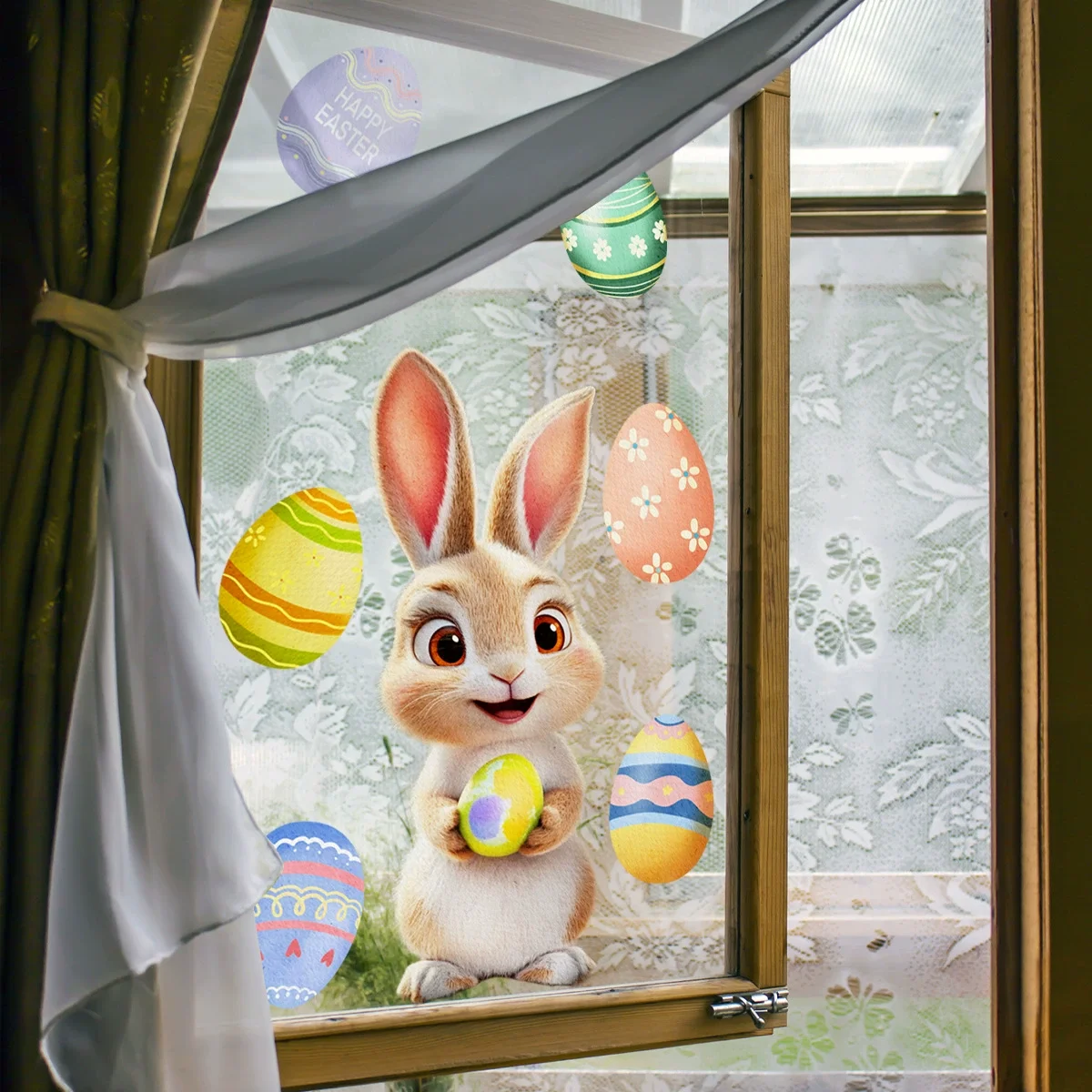 Happy Easter Window Stickers cute Rabbit Eggs Carrot Electrostatic Glass Sticker Easter Decorations for Home Bunny Wall Decals