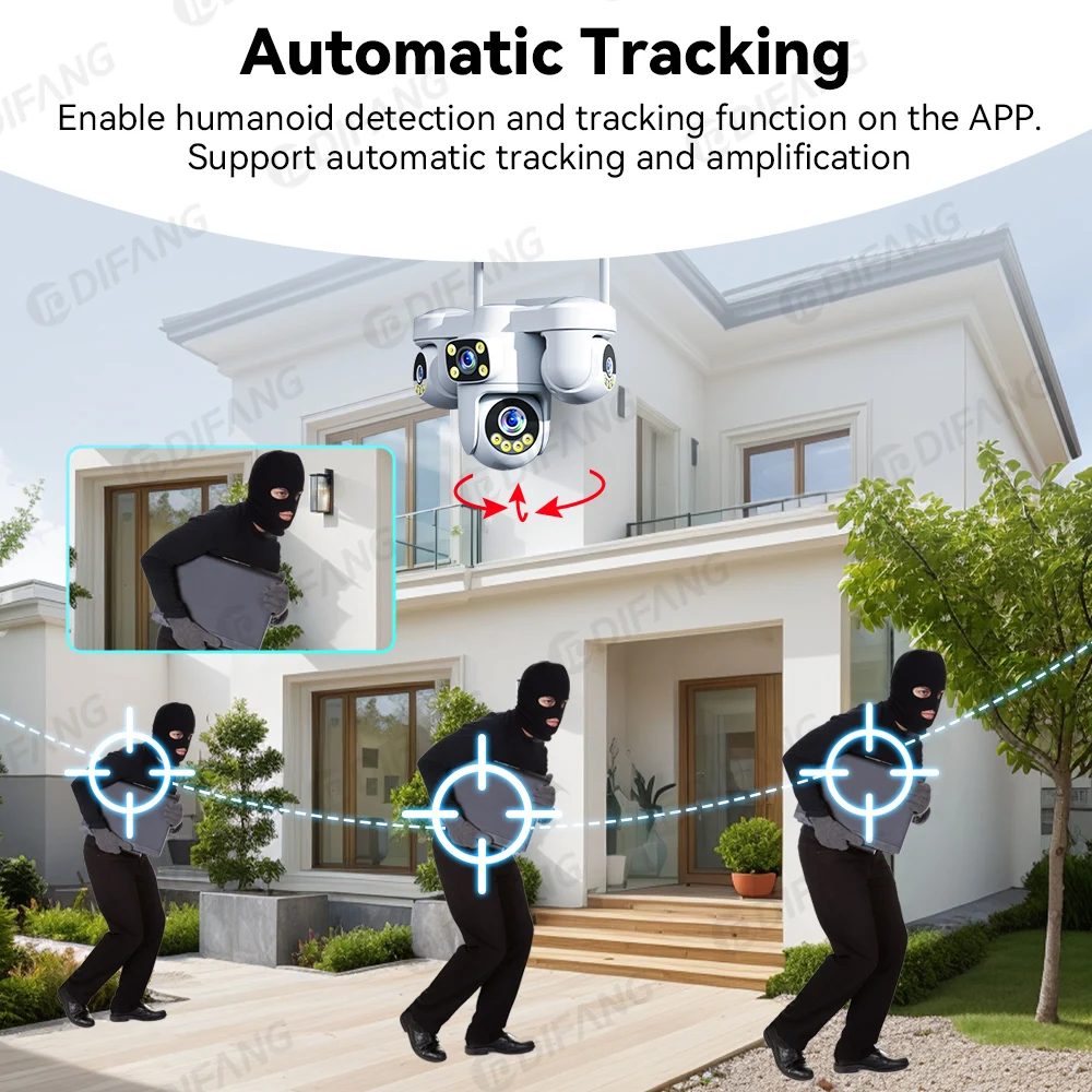 DIFANG New 20MP WiFi Home Surveillance Camera 4 Lens 4 Screen 6 Motor 3 PTZ 5X Zoom Wireless Security Outdoor IP CCTV O-Kam Pro 4