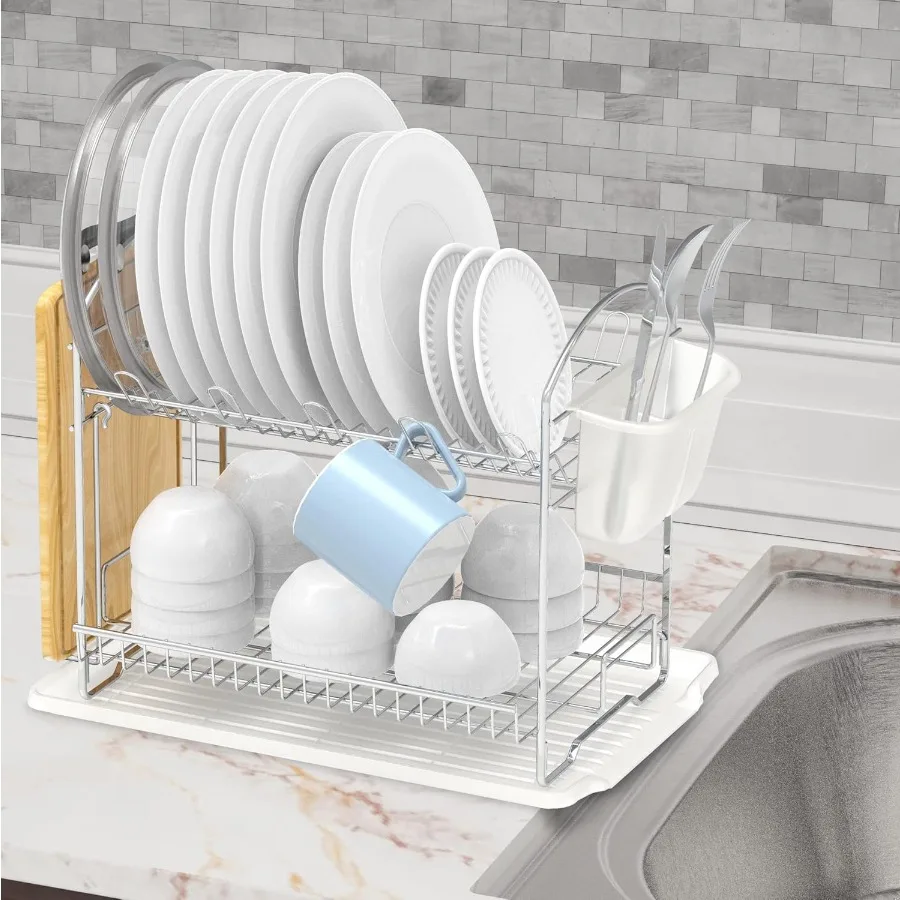 2Tier Stainless Steel Dish Rack with Drainboard Chrome for Kitchen
