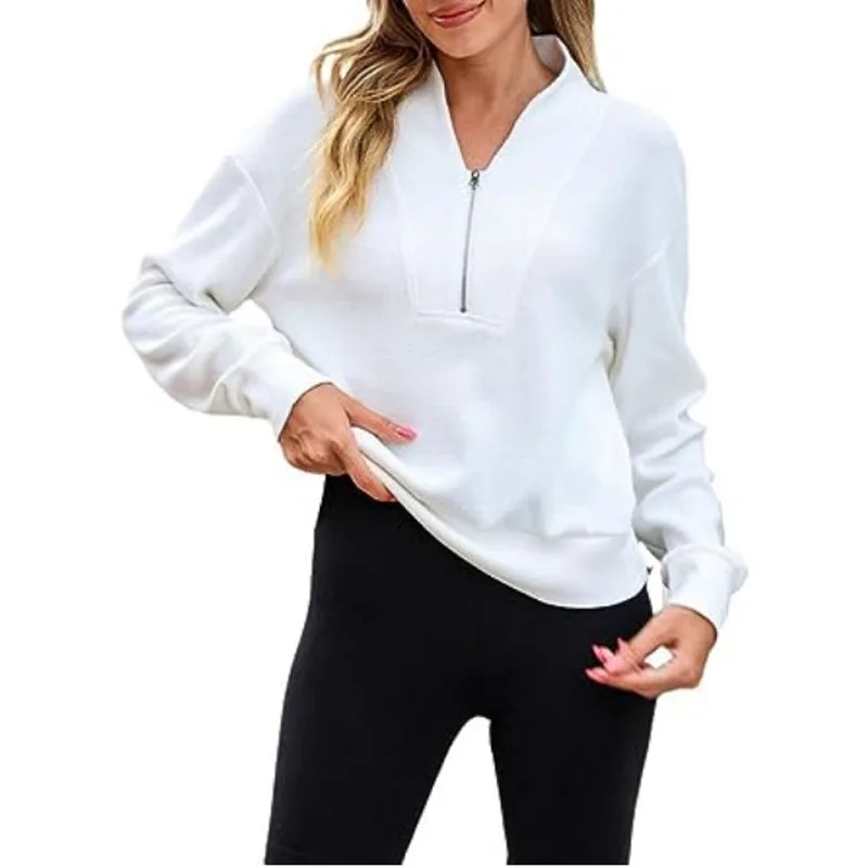 2023 Winter Women's New Fashion Casual Knitted Sweatshirt Loose and Comfortable Waffle Zipper V-Neck Pullover Long Sleeve Top