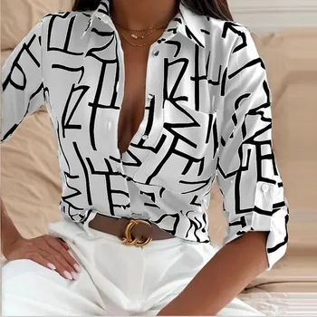 Women Spring Elegant Turn Down Colar Blouse Vintage Popular Printing Slim Shirts Autumn Office Ladies Fashion Long Sleeve Tops 1