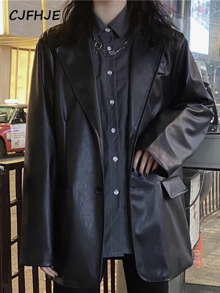 CJFHJE Korean Black Leather Moto Jacket Vintage Warm Female Loose Leather Suit Blazers Streetwear Fashion Women's Winter Coat