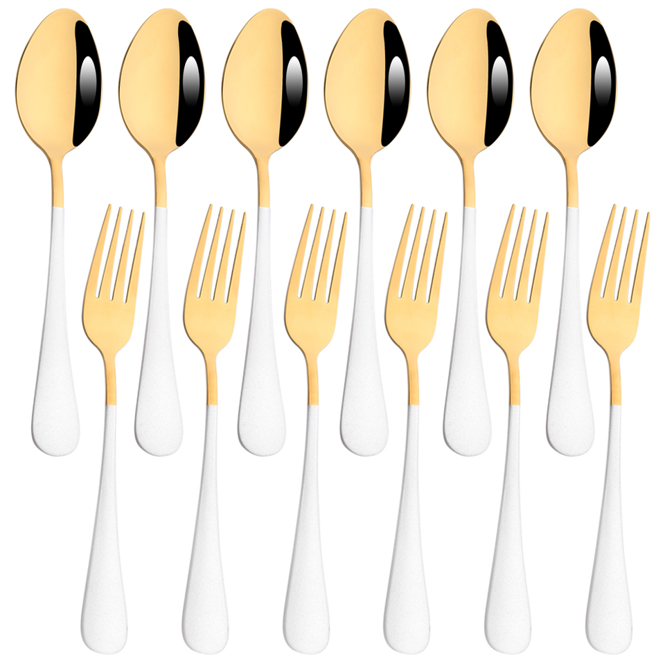 12Pcs Dinnerware Set White Gold Cutlery Set Mirror Stainless Steel Dessert Fork Flatware Kitchen Dinner Fork Spoon Tableware Set
