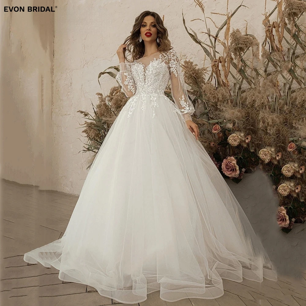 

EVON BRIDAL Appliques Lace Tulle A Line Long Wedding Dresses for Women 2024 Sweetheart Long Sleeve Backless vestidos de novia