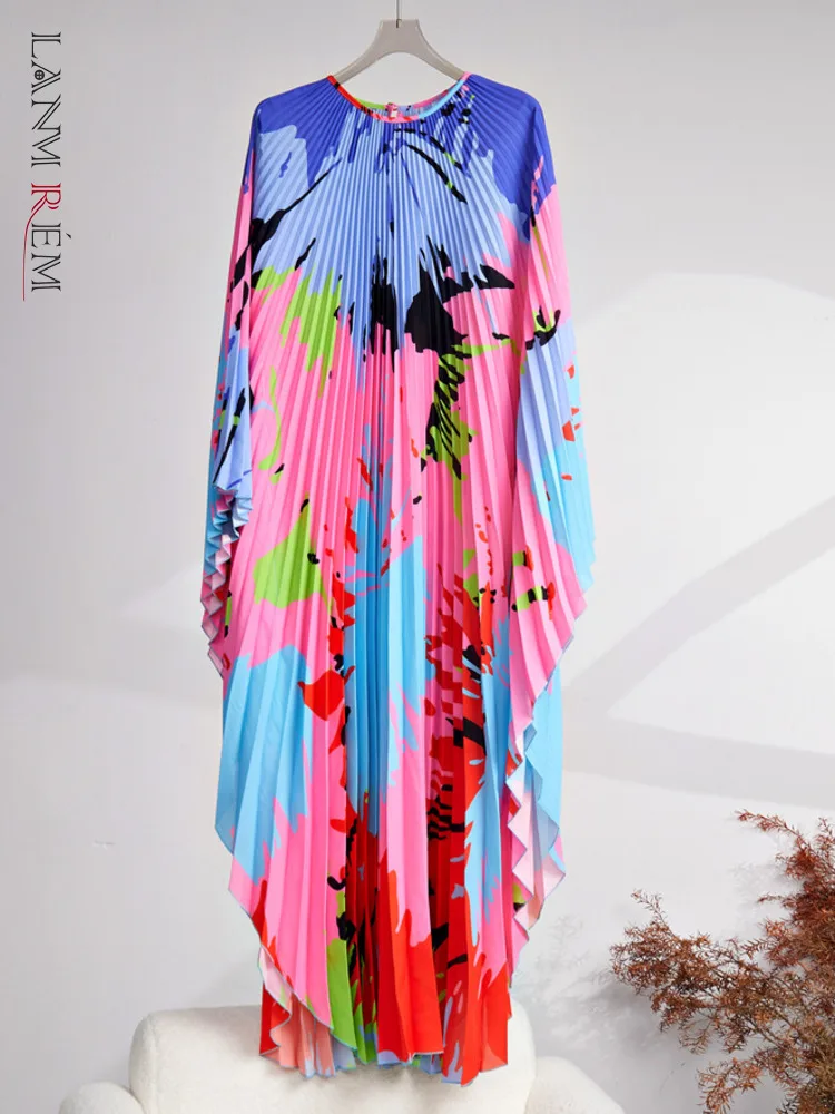 

LANMREM Fashion Printed Pleated Party Dress For Women Batwing Sleevees High End Casual Dresses Female Clothing 2023 New 32D223