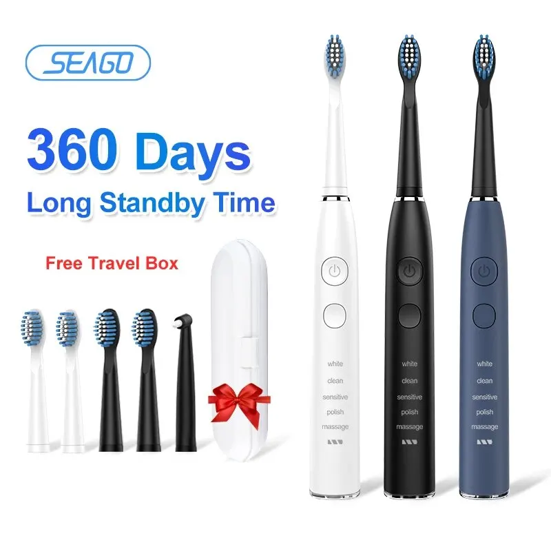 Seago-escova de dentes elétrica portátil para viagens, bateria de 360 dias, 5 modos, temporizador de 2 polegadas, melhor para dentes limpos profundos