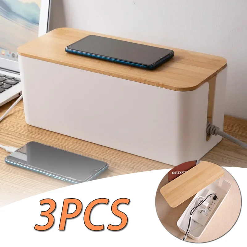 Wire Storage Box Power Plug Board Wire Boxes Socket Data Cable Junction Box Plastic Storage Box with Bamboo 2