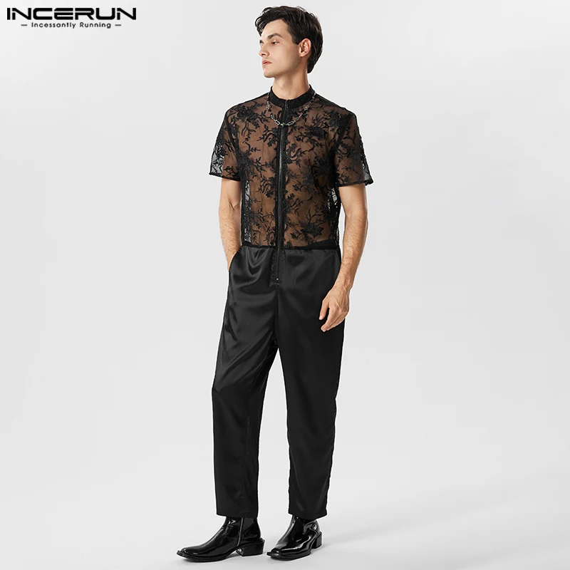 

INCERUN Men Jumpsuits Mesh Lace Patchwork Transparent Short Sleeve Zipper Romper 2023 Streetwear Sexy Fashion Party Overalls Men