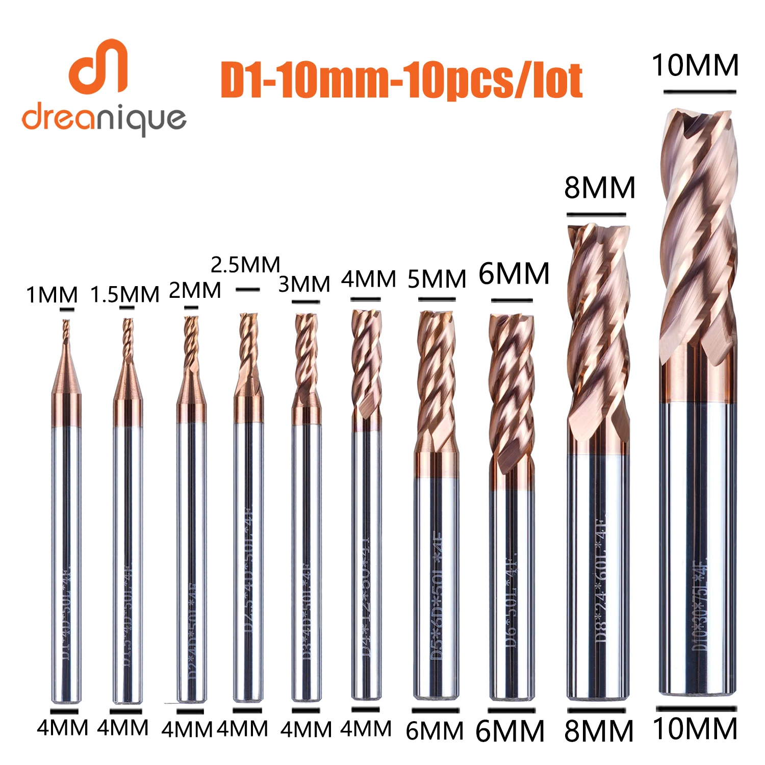 DREANIQUE10PcslotTungstenSteelEndMillSetD1D10mm4Flutes