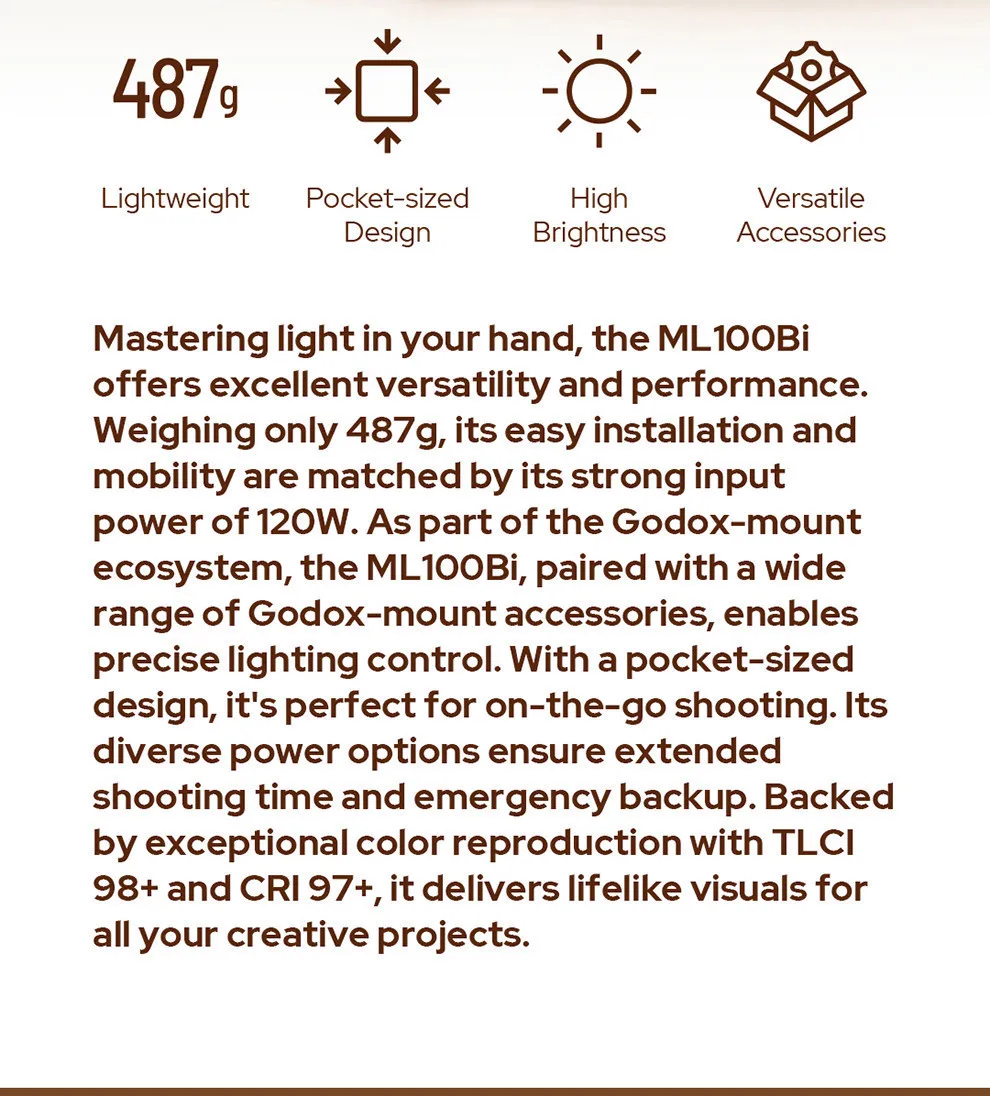 Description Picture 3 of itemGodox ML100Bi Accessories ML-L36 Lens Reflector ML-GB Bowens Mount Adapter PH01 Power Bank Holder ML-CS30 ML-SF3030 Softbox