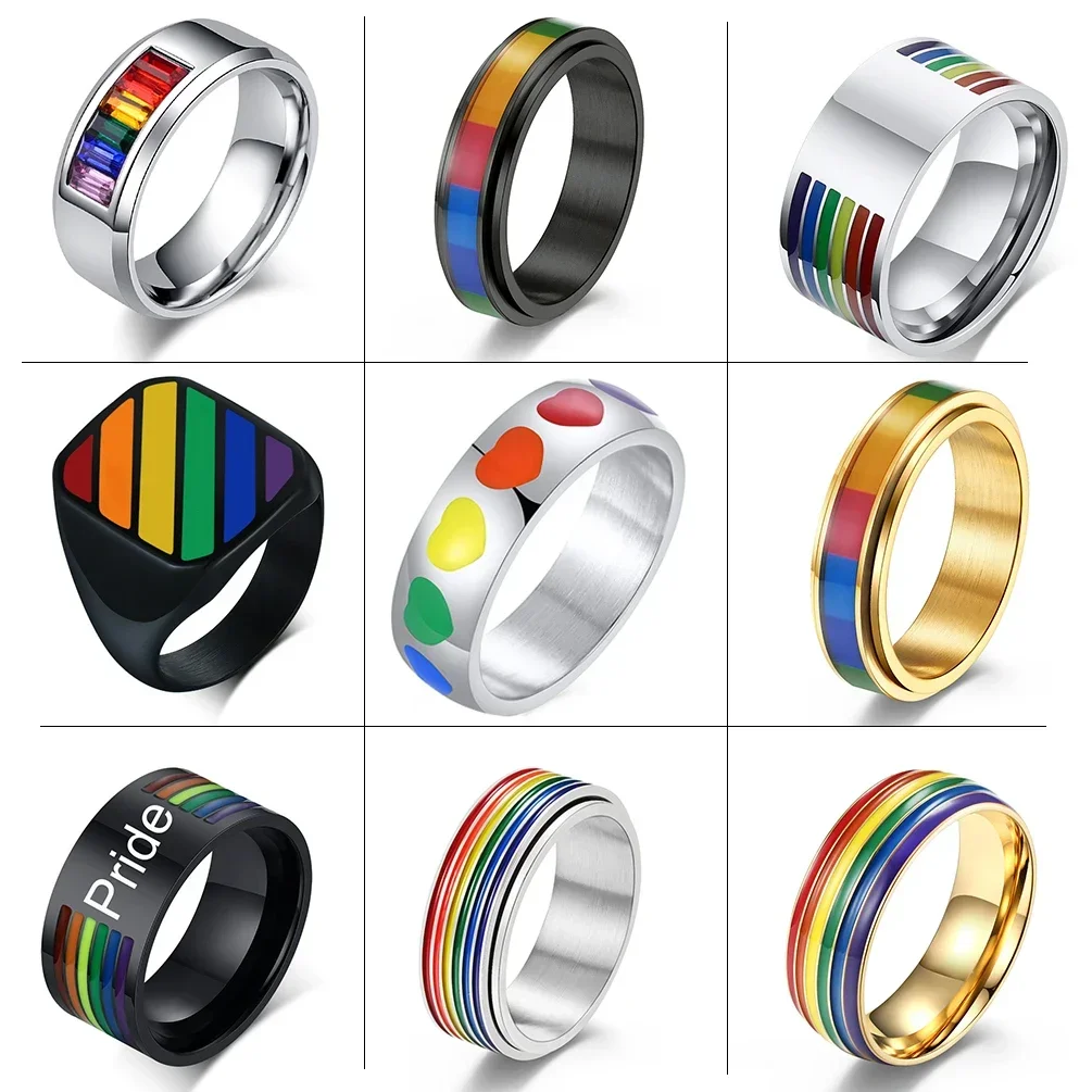 316L Stainless Steel Rainbow Pride Ring For Men Woman Wedding Engagement Jewelry Gifts