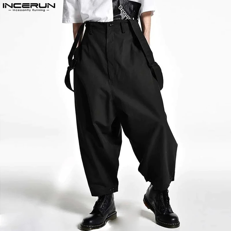 

INCERUN 2023 Korean Style Men's Loose Fitting High Waisted Wide Leg Jumpsuit Casual Male Solid Sleeveless Shoulder Rompers S-5XL