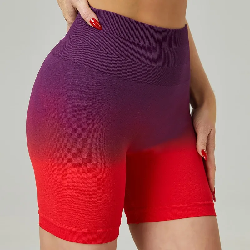 Gradient Colour Wide Waist Sports Shorts Women Slim Workout Running Yoga Shorts Seamless Push Up Tights