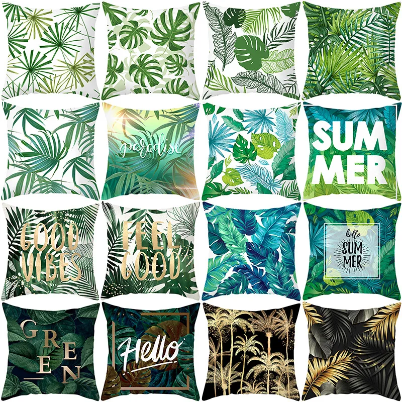 Tropical Plants Green Leaves Printed Cushion Cover 45x45cm Home Decoration Pillow Covers Polyester Square Pillowcase for Couch customized fashion home decoration pillowcase navy blue white greek european style square pillowcase cushion cover