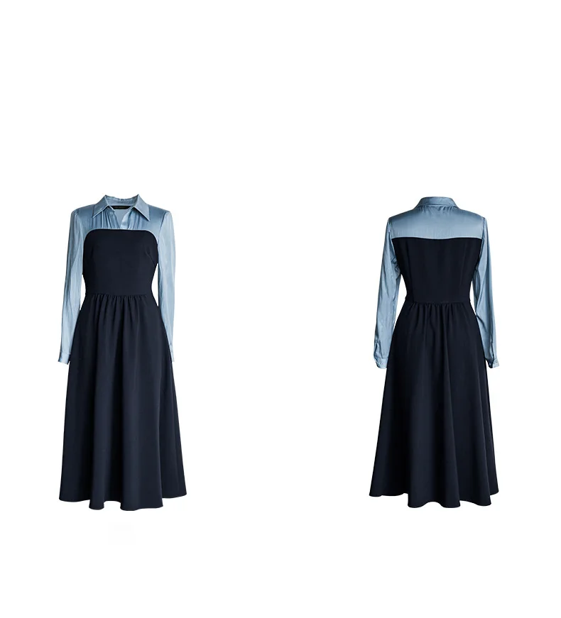 

Women's patchwork long skirt early spring waist-cinching dark blue dress0307