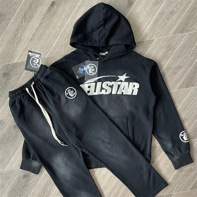 

Y2K Hellstar Vintage Wash Black Distressed Print Thick Cotton 1:1 Label High ity Couple Hoodie Pants