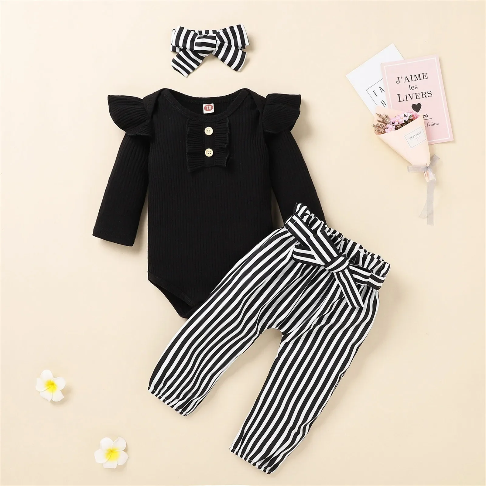 3pcsNewbornBabyGirlsClothesRibbedBodysuitStripedPantsHeadband