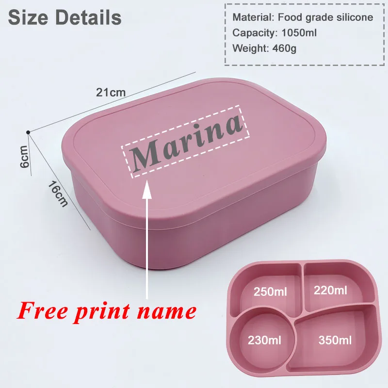 Food Grade Silicone 4-Compartment Big Lunch Box Food Storage Box Personalized Name Student Bento Meal Picnic Container