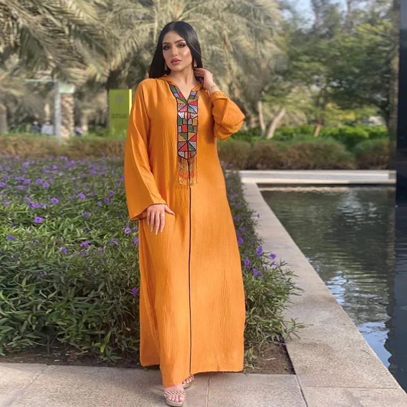 Fashion Muslim Women Clothing Ethnic Orange Hooded Hijab Dress Moroccan Kaftan Dubai Turkey Arab Oman Robe Tassel 2023