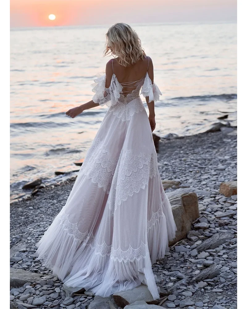 

Bohemian Wedding Dresses Nude Champagne V-Neck Off Shoulder Straps Bridal Gowns Ruffles Lace Backless Vestidos De Novia Mariage