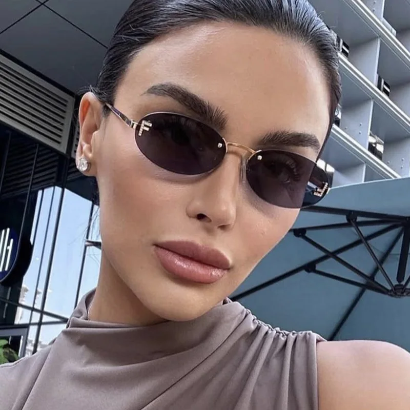 Letter F Frameless Cut Edge Sunglasses Oval Retro Small Frame European and American Sunglasses Women Fashion Metal Sunglasses