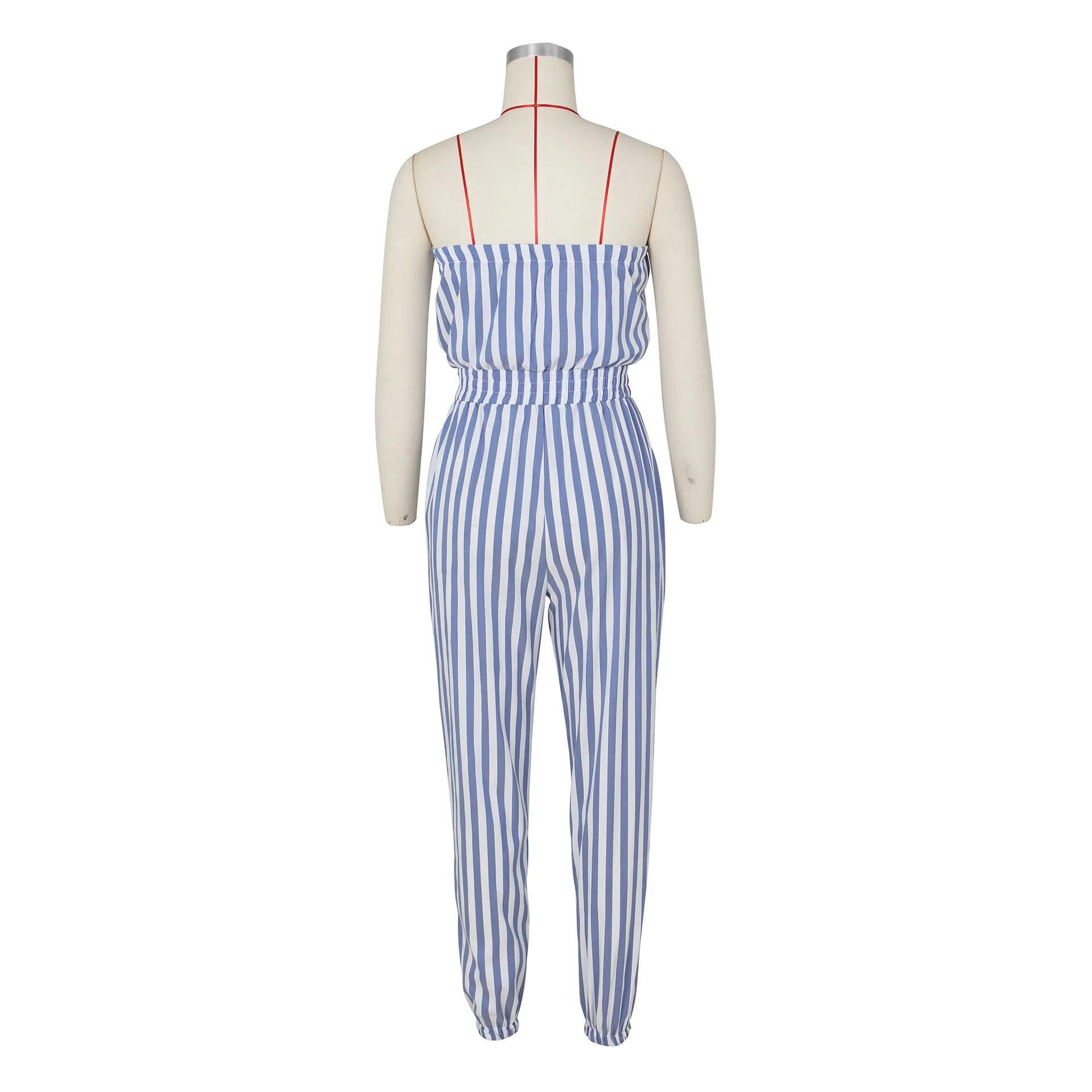 Fashion Women's Fallow Blue Striped Thin Jumpsuit Spring And Summer Pocket Decoration Splicing Jumpsuit Elegant Style