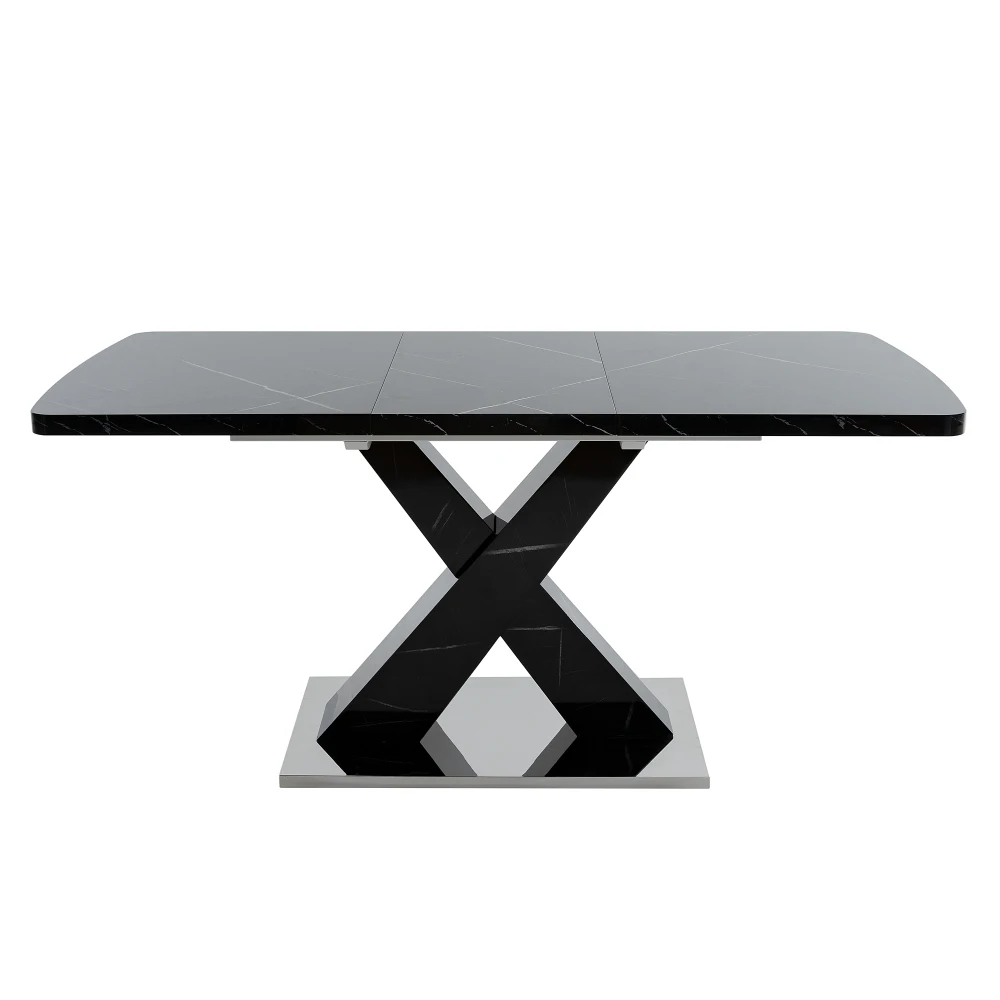 120–160 cm moderner rechteckiger Esstisch, dehnbar, bedruckte schwarze Marmor-Tischplatte + MDF-Tischbein in X-Form mit Metallsockel – Detail 7
