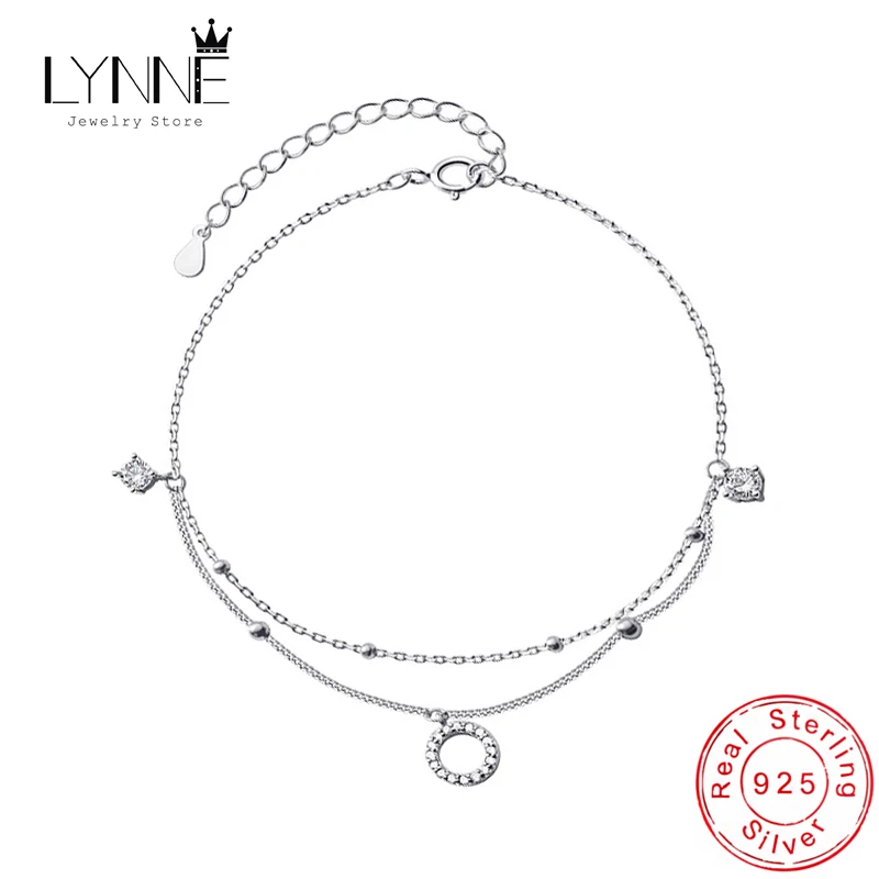 925 Sterling Silver Round Rhinestone CZ Pendant Double Layer Anklets Women Jewelry Summer Zircon Foot Chain