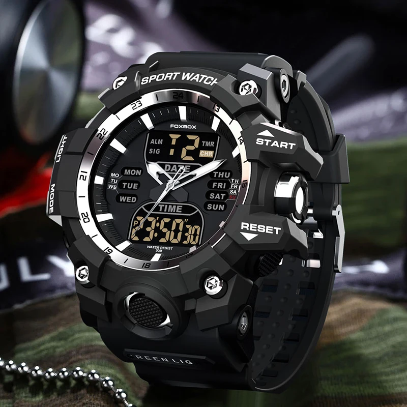 FOXBOX Watches For Men Top Brand Digital Chronograph Sports Quartz Wristwatch Waterproof Military Silicone Strap Luminous Clock