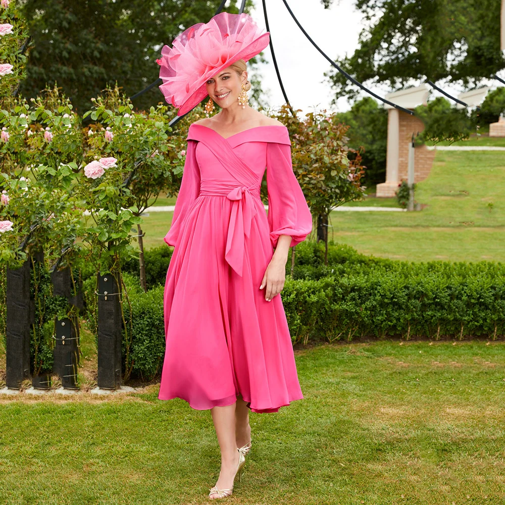 

Fashion Off-shoulder Chiffon Mother of Bride Dresses A-line 3/4 Sleeves Mother's Formal Gown Tea Length Wedding Guest Dress