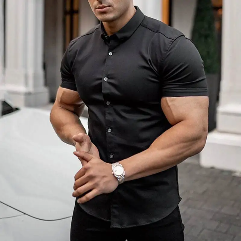 Solid Color Cardigan Short Sleeved Shirt Summer Men's Slim Fitting European and American Youth Casual Shirt Men's Clothing