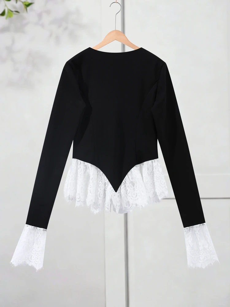 V-Ausschnitt Reißverschluss Spitze Patchwork Tops Damen Sexy Langarm Tailliertes Paneel-Design Schlanke Mäntel Frühling Neu Schick Damen Club Partykleidung – Detail 3