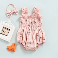 Infant Baby Girl's Sleeveless Jumpsuit Floral Print Elastic Bust Shoulder Straps Romper Bow Headband 4