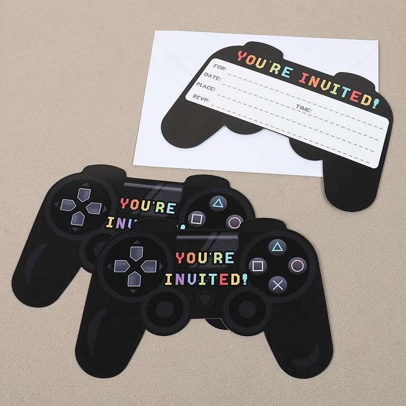 12Pcs/set Video Game Theme Party Invitation Cards with Envelope Kids Boys Game On Birthday Party Decoration Black GamePad Card