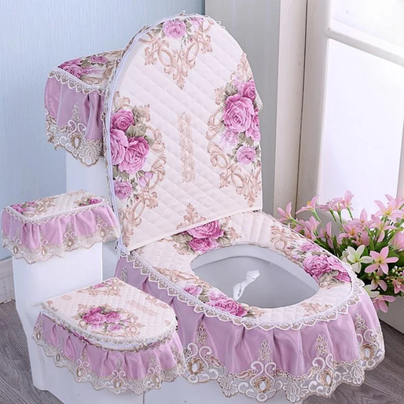 

3pcs/Set Lace Embroidery Detachable Toilet Cover Cloth Dustproof Soft Toilet Seat Ring Cushion Home Decoration Toilet Cover