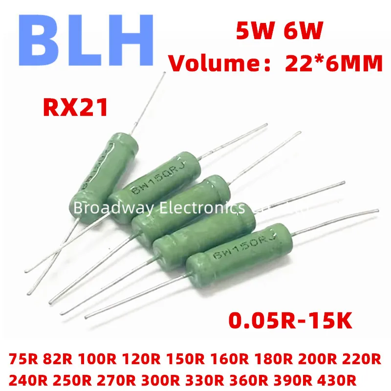 10PCS RX21 5W 6W Wire Wound Resistance 5% 75R 82R 100R 120R 150R 160R 180R 200R 220R 240R 250R 270R 300R 330R 360R 390R 430R wirewound resistor