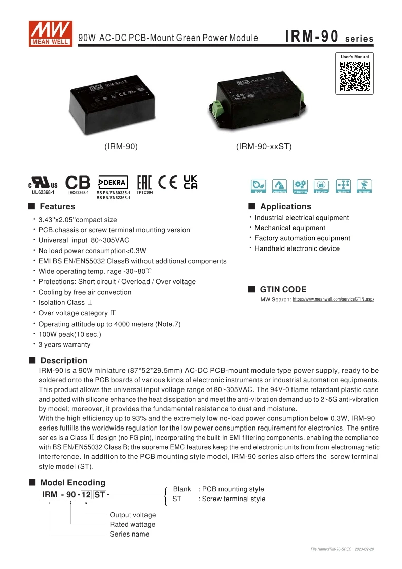 MEAN WELL IRM-90-48 IRM-90 시리즈 Mean WELL PCB 마운트 그린 파워 모듈 전원 공급 장치, 60W AC-DC, 90.2W, 48V, 1.88A