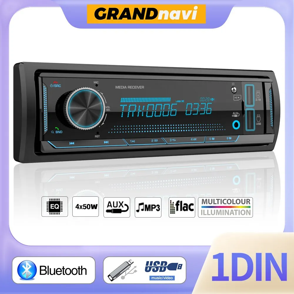 Car Radio Grandnavi 1 Din MP3 Car Radio Audio Stereo FM Aux Input Receiver SD TF USB 12V In-dash Bluetooth Multimedia Auto Radio Player