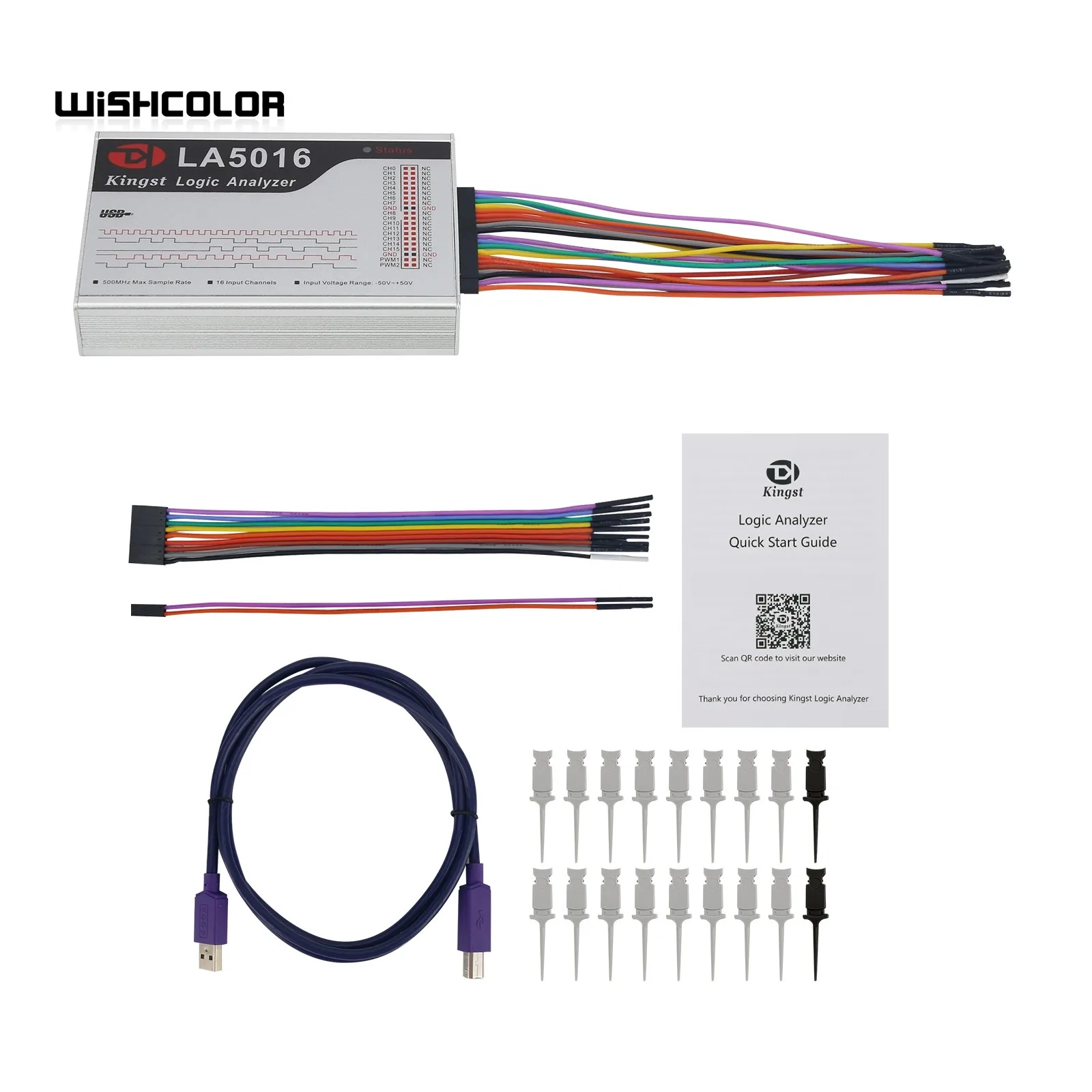 Wishcolor USB 로직 분석기, 16 채널 최대 샘플링 속도 500M, 10G 깊이 조절 가능 PWM 출력, LA5016