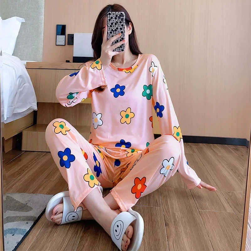 

The New Ladies Pajamas Set Female Round Neck Thin Section of Long-Sleeved Trousers Sweet Little Fresh Girl Wind Pajamas Homewear