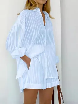 2024 Spring Summer Solid Cotton Short Two Piece Set Women Stripe Long Sleeve Shirts Shorts 2 Piece Sets Simple Style Lady Suit 1