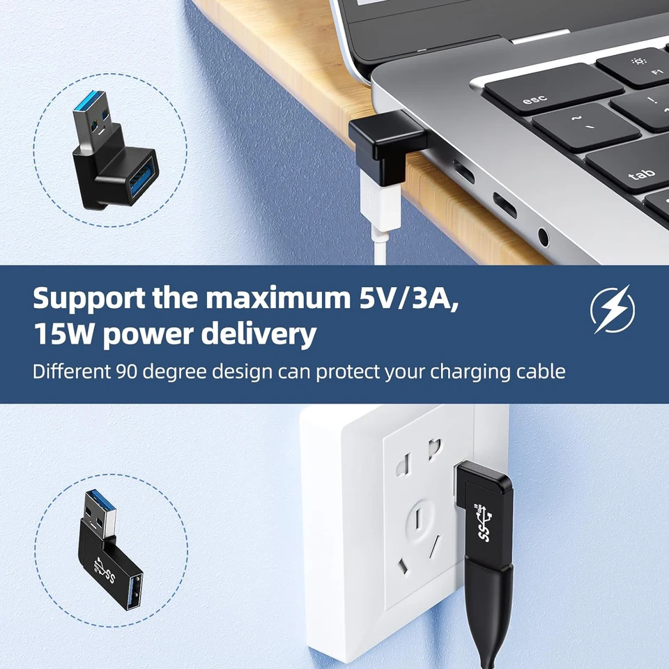 QIANRENON USB 3.1 U Forma Angolo Adattatore 10 Gbps USB A maschio a femmina 180 gradi connettore, Ricarica rapida 5V/3A trasferimento dati OTG, per PC tablet laptop, 2 Pcs