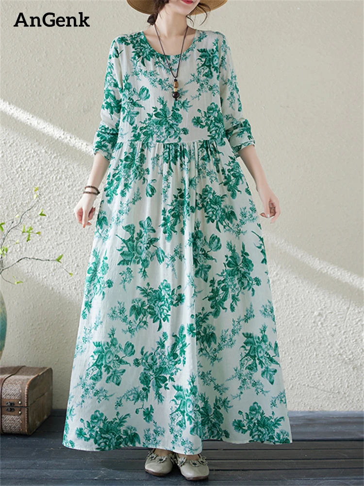 

Cotton Vintage Green Floral Dresses For Women 2024 New Spring Autumn Casual Loose Long Vestidos Elegant Dress Fashion Clothing