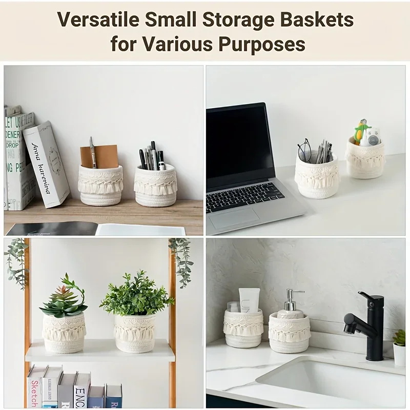 Description Picture 5 of item1pc Handmade Boho Chic Makeup Brush Holder Dual-Tone Woven Cosmetic Storage Basket with Tassel Detail Makeup Brushes Organizer