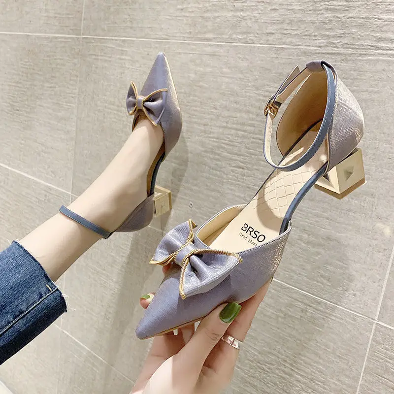 

Сандалии Baotou женские на толстом каблуке, туфли-лодочки, заостренный носок, бант, туфли-лодочки, французский стиль, весна-лето 2024